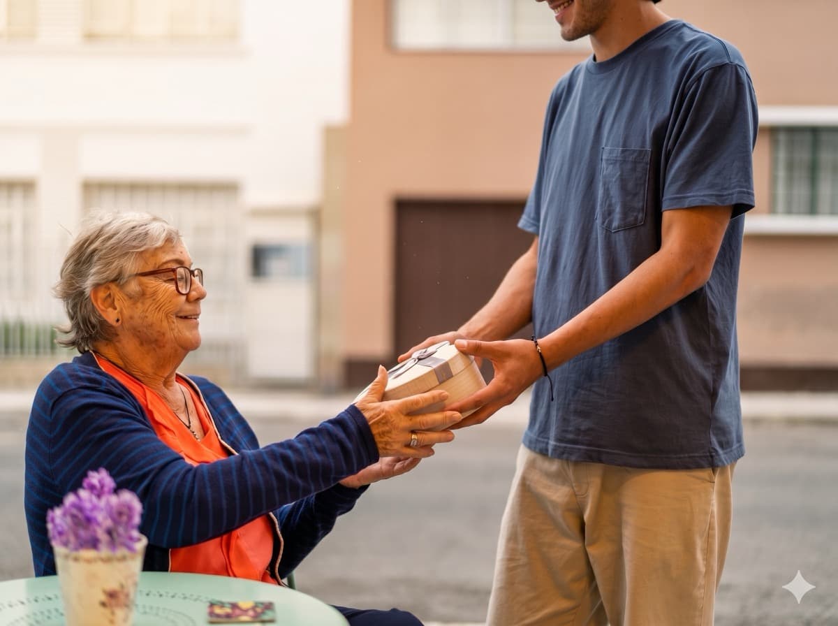 Alltagsbegleiter übergibt Einkäufe an Seniorin